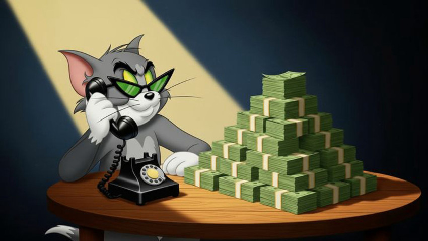 Funny Cartoon Cat with Cash Stack 4K Art
