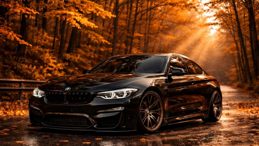 Black BMW M4 Coupe on Autumn Forest Road at Sunset