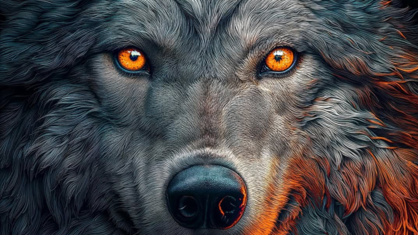 Majestic Wolf Close-Up With Glowing Amber Eyes